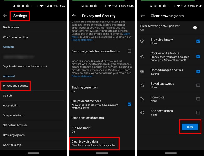 How to clear cookies in Microsoft Edge in Android
