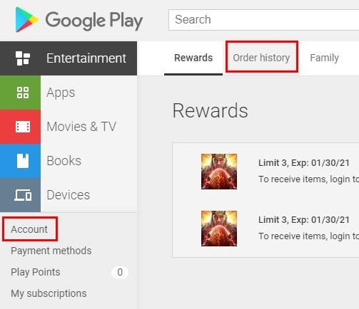 Google Play order history Windows