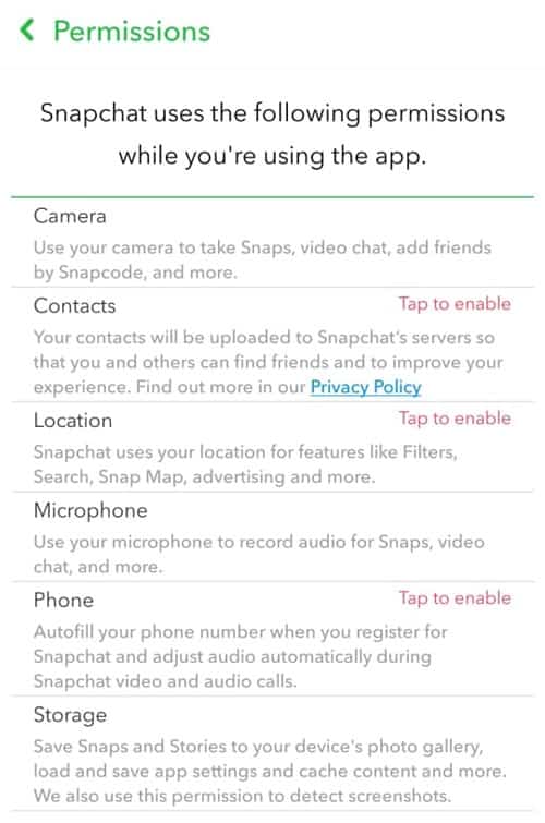 İzinleri Etkinleştirmek İçin Dokunun - Snapchat İzinlerini Kontrol Edin