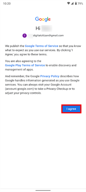 Android'e başka bir Gmail hesabı eklemeyi tamamlamak için Google'ın şartlarını kabul edin